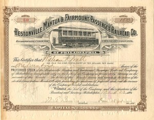 Hestonville, Mantua and Fairmount Passenger Railroad Co. - 1894 dated Railway Stock Certificate